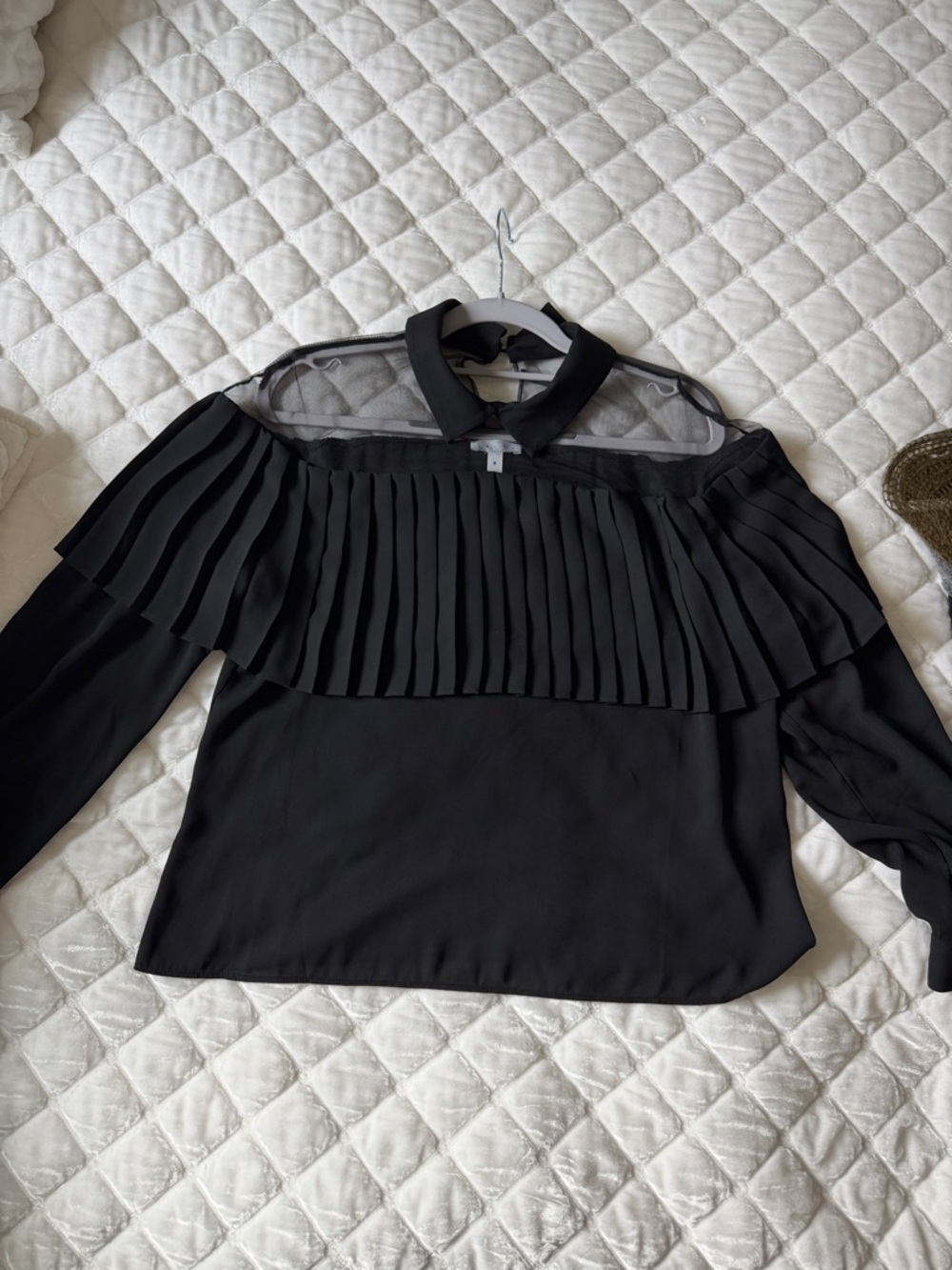 Leith Black Pleated Yoke Long-Sleeve Blouse with Sheer Neckline